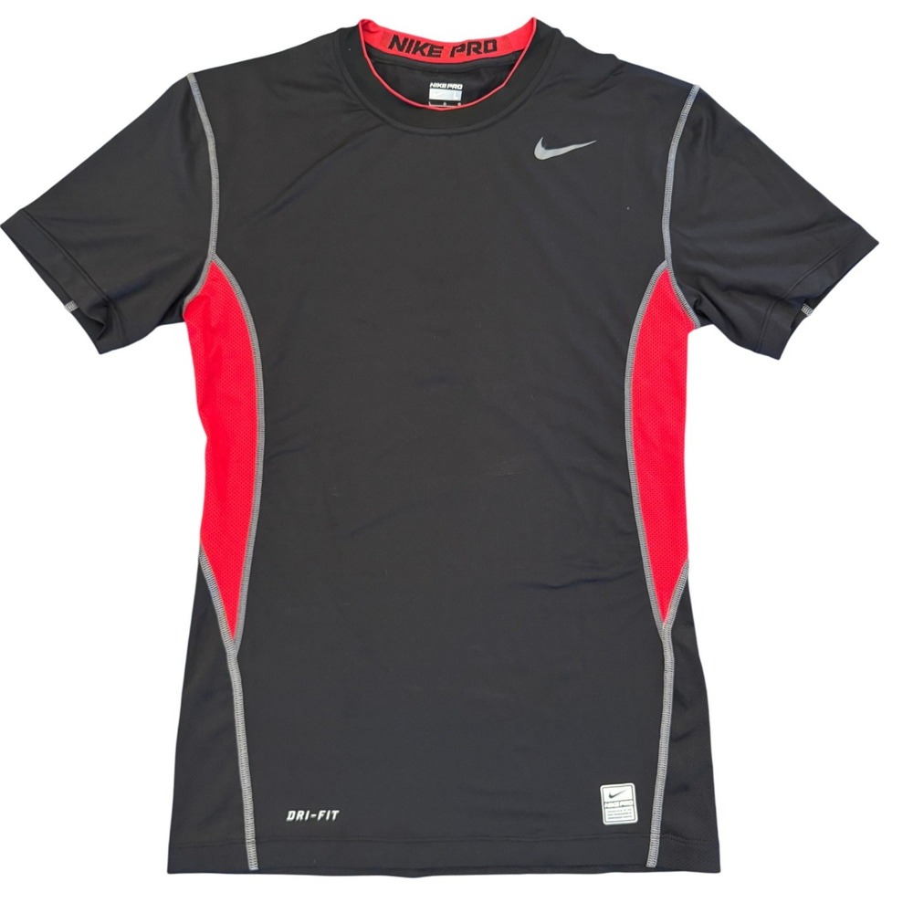 Nike Pro Dri-FIT Compression Shirt Mens Large Black Red Mesh Short Sleeve Gym